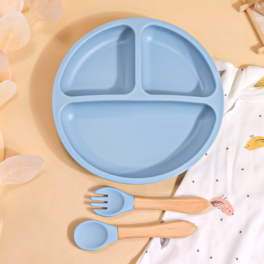 3PCS Silicone Baby Feeding Set Baby Blue