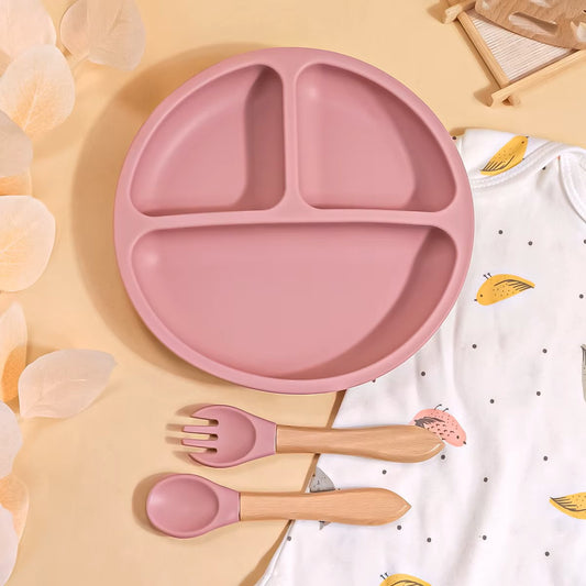 3PCS Silicone Baby Feeding Set Pink